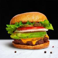 Avo Good Day Burger · American beef patty cooked medium and topped with avocado, melted cheese, buttered lettuce, ...