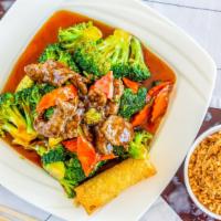 Beef With Broccoli · A strip of tender beef toss cooked with crispy green broccoli and carrot.