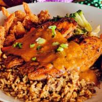 Catfish Opelousas · Two blackened fillets, topped with etouffee and fried shrimp, served with dirty rice and mix...