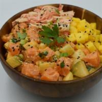 Spicy Salmon · Marinated with scallions, cilantro, sriracha aioli.
Toppings: Cucumber, green onion, crabmea...