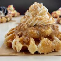 Apple Pie Waffle · Our delicious Belgian Pearl Sugar waffle, dusted with powdered sugar, topped with apple pie,...