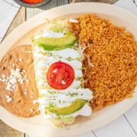 Flautas Plate · Three flautas, served with rice, beans, lettuce, sour cream, Mexican cheese, and avocado/ Th...