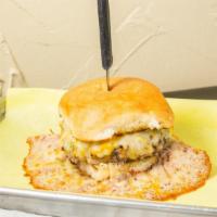 Fuego Burger · Our famous ring of cheese burger. Half pound Angus ground chuck beef burger with white yello...