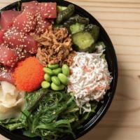 1 Fish Bowl · Half-rice and half-salad. Ao kyuuri (Japanese pickles), surimi crab, seaweed salad , ginger,...