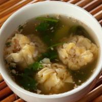 Small Cup Of Wonton Soup · Pork and shrimp dumplings, sliced chicken, baby bok choy, cilantro and green onion in the cl...