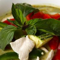 Green Curry · Coconut milk, eggplant, bamboo shoots, zucchini, bell pepper and fresh basil.