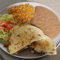 Quesadilla Plate · Quesadilla with your choice of meat served with Rice, salad, and beans