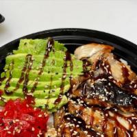 Unagi Don · Sushi rice topped with grilled eel, avocado, zuke, served with eel sauce and sesame seeds.