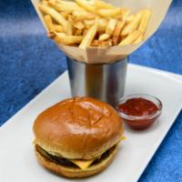 Kids Cheeseburger · Beef patty, American cheese, ketchup, brioche bun, served with kids drink and side.