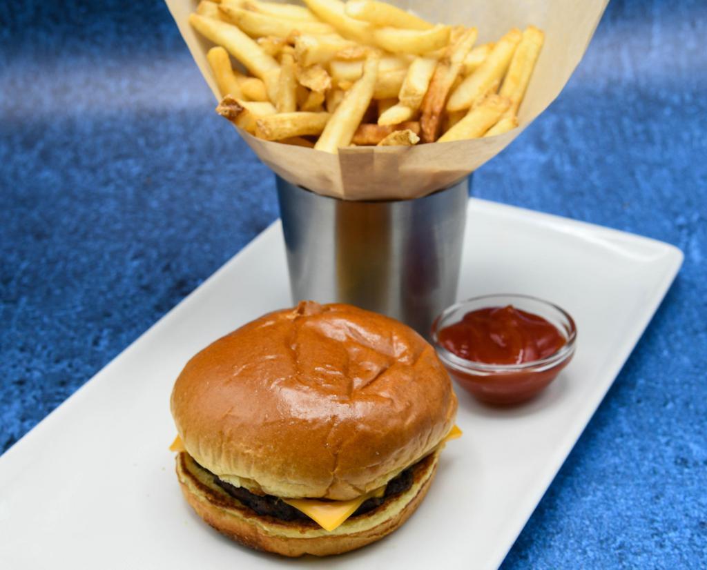 Kids Cheeseburger · Beef patty, American cheese, ketchup, brioche bun, served with kids drink and side.