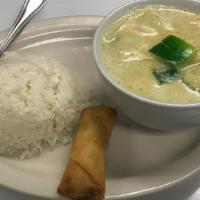 Green Curry · Green curry paste in coconut milk, bamboo shoots, bell peppers, Thai eggplant, and fresh bas...