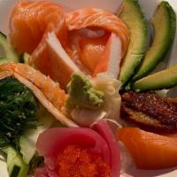 Chirashi Bowl · Tuna, salmon, smoked salmon, steamed shrimp, eel, crab stick, avocado, lettuce, cucumber, ca...