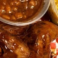 Half Chicken Plate · Half Chicken includes white+dark meat comes with two sides. Mouth watering deliciousness!!!!...