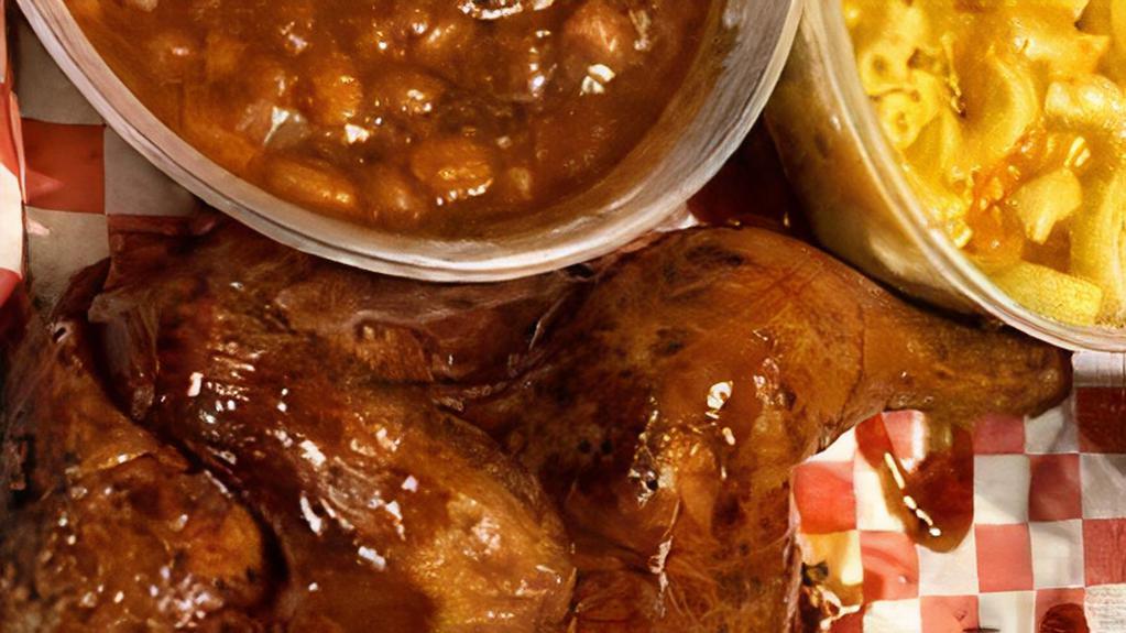 Half Chicken Plate · Half Chicken includes white+dark meat comes with two sides. Mouth watering deliciousness!!!! Come try our juicy 1/2 chicken meal with 2 southern sides.