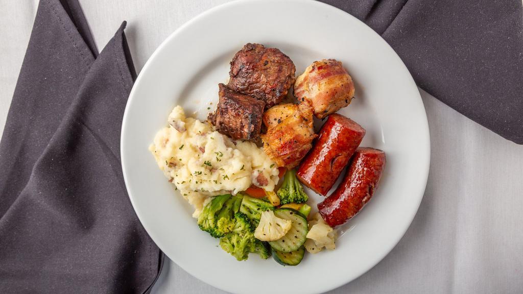 Combo No. 2 · 2 Garlic Picanha. 2 Chicken Breast wrapped with Bacon. 2 Brazilian Sausages. Garlic Mashed Potatoes, Steamed Vegetables, Chimichurri.