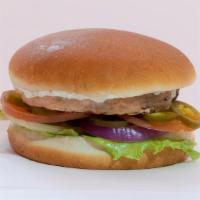 Yummies Veggie Burger · Black bean veggie patty served with lettuce, tomato, sauteed onion and pepper, jalapeno, and...