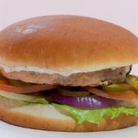 Salmon Burger · Alaskan salmon patty, lettuce, tomato, onion, jalapeno, and white yogurt sauce.