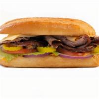 Yummies Beef Philly Sandwich · Beef, onion, peppers, mushrooms, mozzarella cheese, and jalapeno ranch on a hoagie roll.