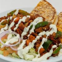 Gyro & Steak Fajita Plate · Cooked on a flat grill with onion, pepper, and carrot. Served with Yummies rice, salad, naan...