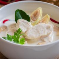 Tom Ka (Hot Pot) · Medium hot. Choice of chicken or tofu with coconut milk, mushrooms, galangal root, lemongras...