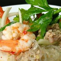 Seafood Salad · Warm spicy glass noodles salad with seafood ensemble.