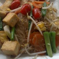 Pad Woon Sen · Clear glass noodles stir-fried with egg, celery, Napa, tomatoes, onions, snow peas, carrots,...