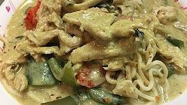 Curry Pasta · Medium hot. An angel hair pasta noodles with Thai green curry sauce, bamboo shoots, bell peppers, green beans, and basil.