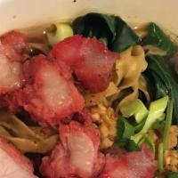 Roast Pork Noodles Soup · Choice of egg noodles or thin rice noodles in a delicious clear broth with roast pork, kale,...
