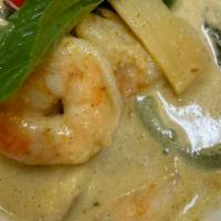 Green Curry · Madly hot. Spicy green curry paste with coconut milk, bamboo shoots, eggplants, bell peppers...