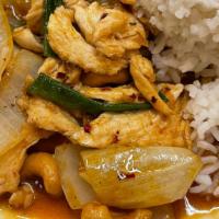 Spicy Cashew · Medium hot, contain nuts. Stir-fried meat with sweet chunks of pineapple, onions, cashew nut...