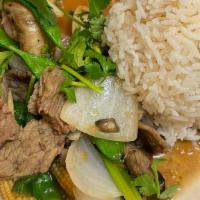 Beef In Oyster Sauce · Stir-fried tender beef with mushrooms, onions, scallions, baby corn, and snow peas, sautéed ...