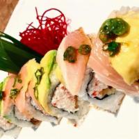 Giant Roll · Fried Soft shell crab, Crabmeat topped with Albacore Tuna, Avocado, Green onion with Ponzu.