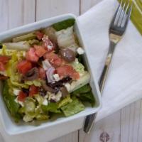 Greek Salad · Freshly cut romaine lettuce, tomatoes, feta cheese with olive oil and balsamic vinegar dress...
