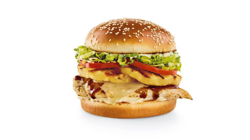 Teriyaki Chicken · Grilled chicken breast, teriyaki, grilled pineapple, Swiss, lettuce, tomatoes and mayo on a sesame bun.