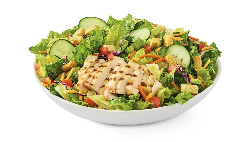 Simply Grilled Chicken Salad · Grilled chicken breast, Cheddar, tomatoes, croutons and cucumbers on mixed greens. Served with choice of dressing.