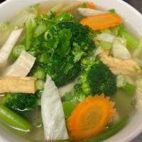Phở Chay - Vegetable Noodle Soup · Tofu and veggies with Vegetarian broth soup served with rice noodle.