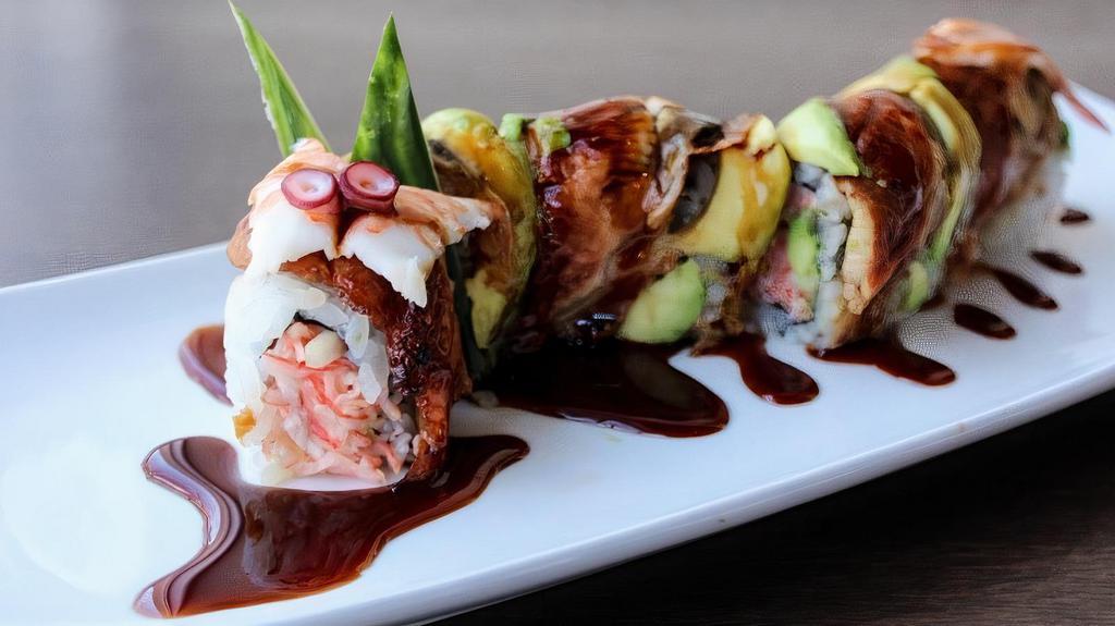 Special Dragon Roll · Spicy tuna roll  topped with eel, avocado and 3 kinds caviar with eel sauce