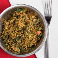 Palak Chaat · Vegan and gluten-free. Crispy salad made with fried spinach, sev (fried crunchy chick-pea/ri...