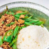 B18 Spicy Green Bean Chicken And Jasmine Rice · Ground chicken stir fried with green bean, and house basil chili paste sauce. Serve with Jas...