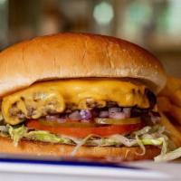 Cheeseburger · Served on a Mia's Bun with American Cheese, Lettuce, Tomatoes, Pickles, Onions, Mustard and ...