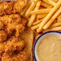Fried Chicken Strips · Served with Jalapeño Cream Gravy, Two Sides and Texas Toast.