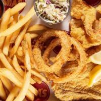 Fried Shrimp And Catfish · Served with French Fries, Texas Toast, Garnish of Cole Slaw, Two Onion Rings, Tartar Sauce, ...