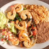Camarones Mexicanos · Eight large  shrimp souteed in chipotle butter souce with poblano pepper, served with pico d...