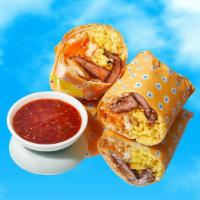 Bbq Breakfast Burrito · Eggs, brisket, tater tots, melted cheese, caramelized onions, BBQ sauce.