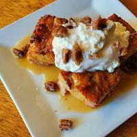Bread Pudding · Fried Bourbon Apple Bread Pudding with Bailey's Whip, Butter Caramel Sauce and Candied Pecans