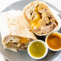 Breakfast Burritos · Choice of bacon, sausage, ham or chorizo, served with egg, potatoes, beans and cheese.