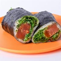 Tuna Sushi Burrito · Fresh tuna, sushi rice, cucumber, and crunchy flakes wrapped in soybean paper.