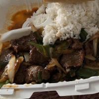 Mongolian Beef · Tender flank steak. Shredded White onion, green onion sautéed in house made hot oil.