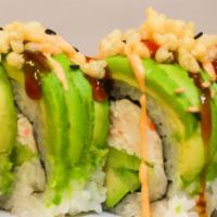 Dragon Roll · Crab Meat, Avocado, Cucumber, and Sliced Avocado on top.