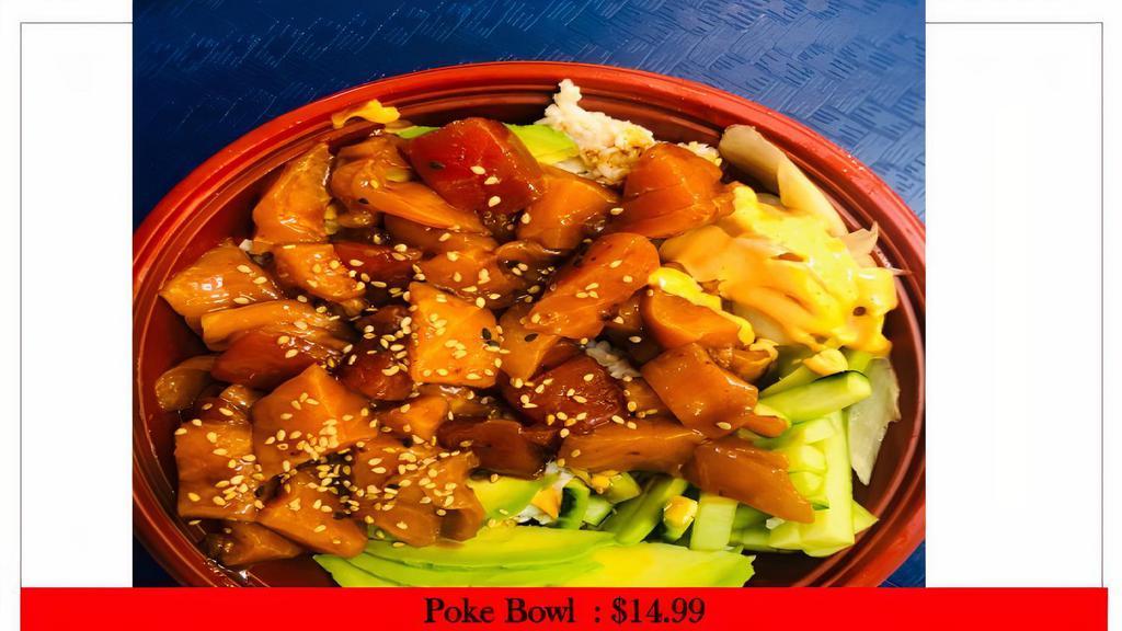 Poke Bowl · Rice, Crab Meat, Seaweed Salad, Avocado, and Salmon & Tuna with poke sauce.